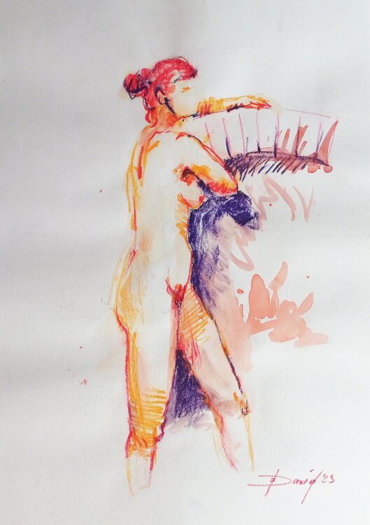 Aktstudie stehender Frauenakt Aquarell-Zeichnung auf Papier Olga David