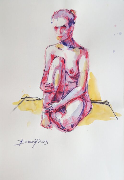 Aktstudie sitzender Frauenakt Aquarell-Zeichnung auf Papier Olga David