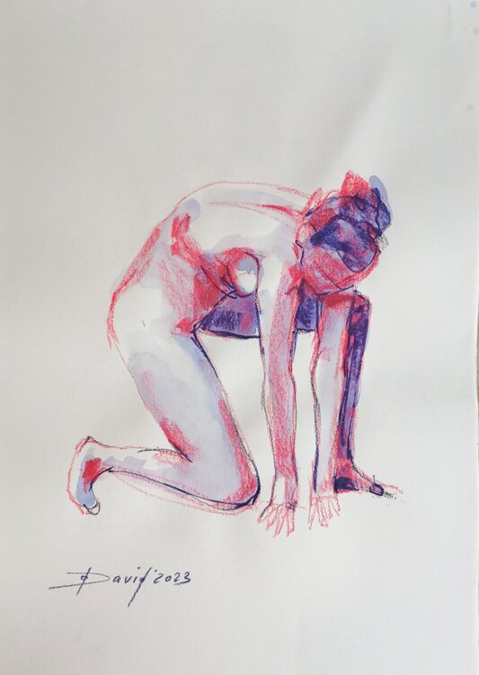 Aktstudie knieende junge Frau Frauenakt Aquarell-Zeichnung auf Papier Olga David