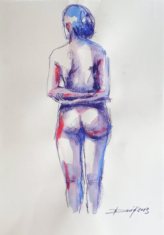 Aktstudie Rückenakt stehende Frau Aquarell-Zeichnung auf Papier Olga David