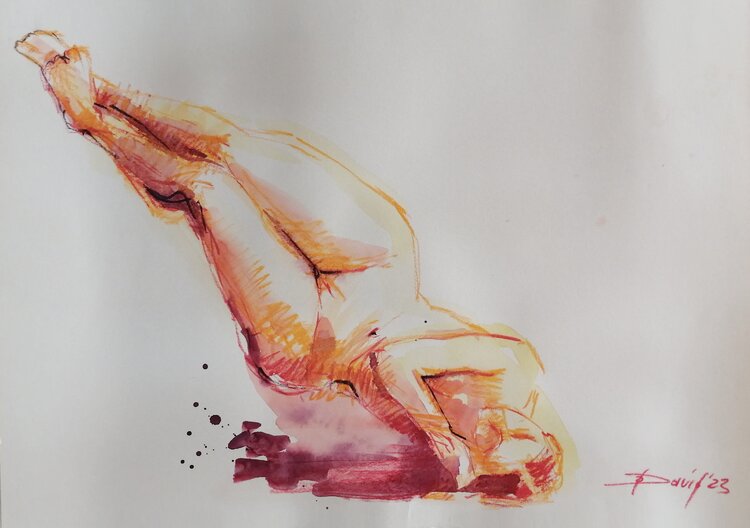 Aktstudie liegender Frauenakt Aquarell-Zeichnung auf Papier Olga David