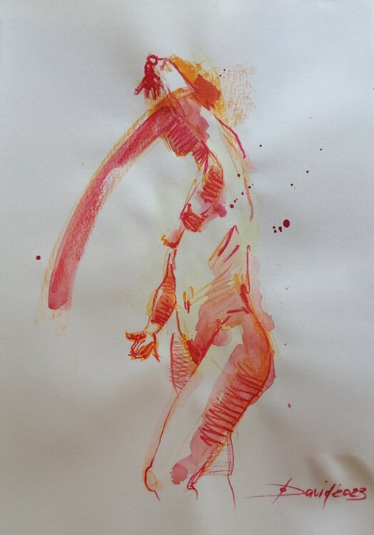 Tanzende nackte frau, Aktstudie stehender Frauenakt Aquarell-Zeichnung auf Papier Olga David