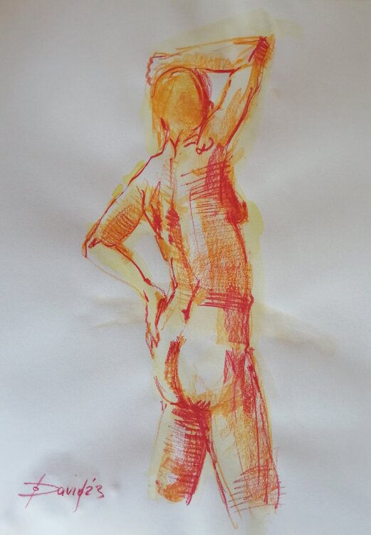 Aktstudie stehender Rückenakt Aquarell-Zeichnung auf Papier Olga David