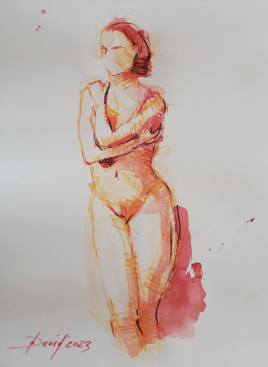 Aktstudie stehender Frauenakt Aquarell-Zeichnung auf Papier Olga David