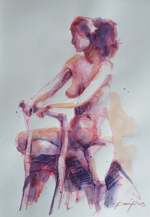 Aktstudie sitzender Frauenakt Aquarell-Zeichnung auf Papier Olga David