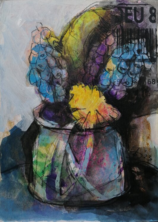 Expressive figurative Zeichnung Stillleben Trauben Hyazinthen Kleinformat Mischtechnik auf Papier Olga David