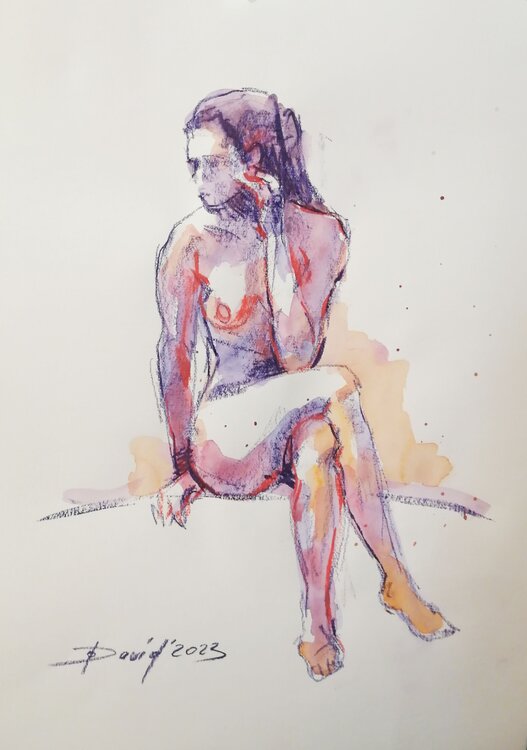 Aktstudie Frauenakt Aquarell-Zeichnung auf Papier Olga David