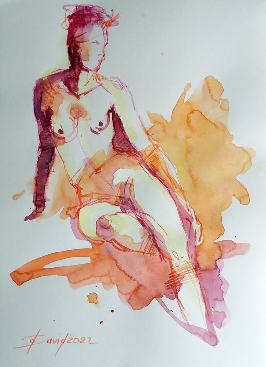 Aktstudie Frauenakt Aquarell-Zeichnung auf Papier Olga David