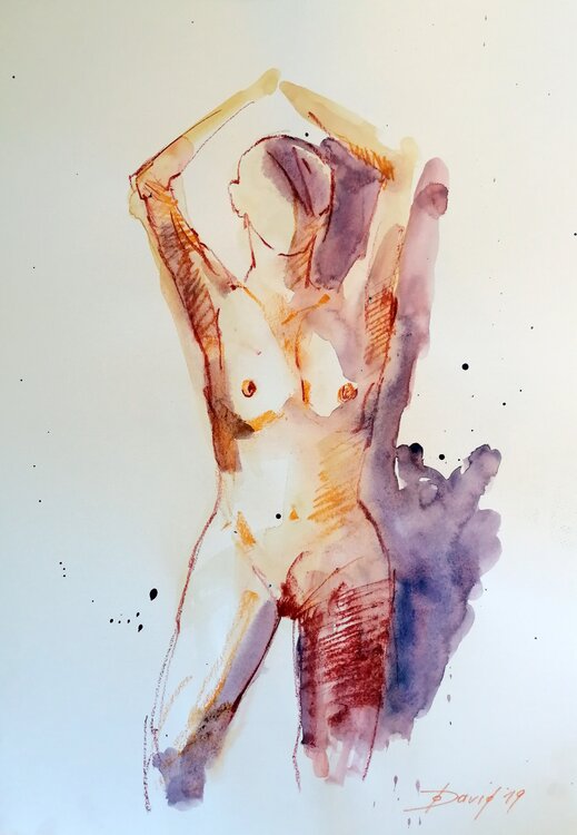 Aktstudie Rückenakt Aquarell-Zeichnung auf Papier Olga David