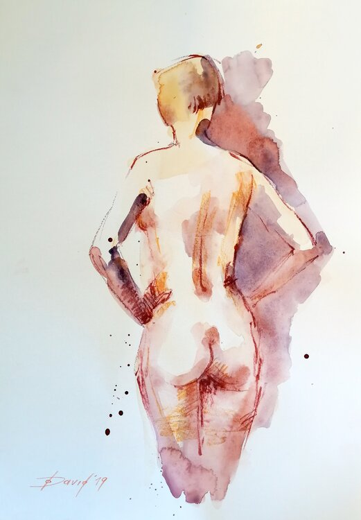 Aktstudie stehender Rückenakt Aquarell-Zeichnung auf Papier Olga David