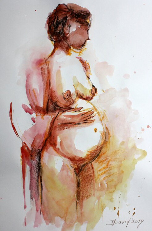 Aktstudie stehende schwangere Frau Frauenakt Aquarell-Zeichnung auf Papier Olga David