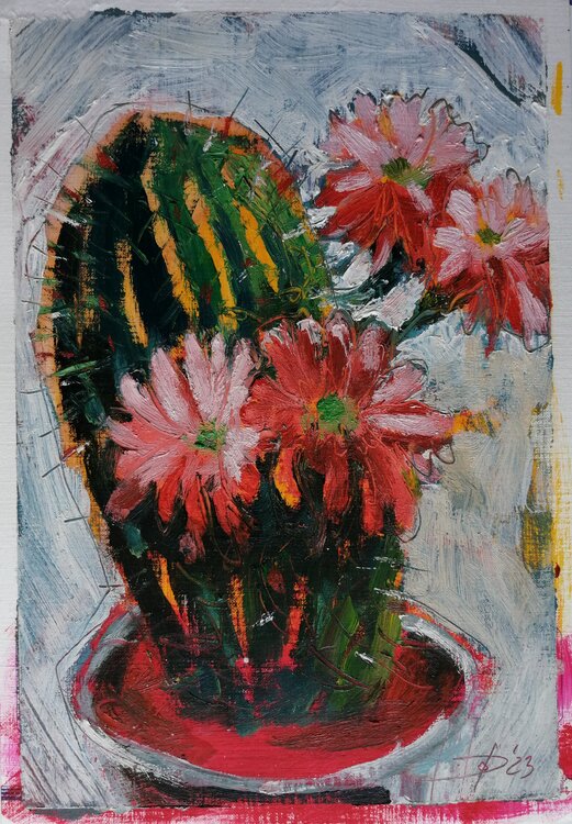 Kaktus mit Blüte Stillleben original mini Öl-Gemälde auf Papier Olga David