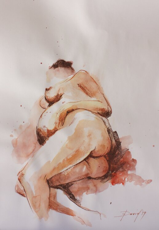 Aktstudie liegende schwangere Frau Frauenakt Aquarell-Zeichnung auf Papier Olga David