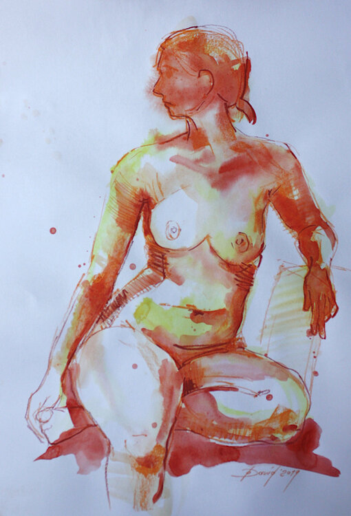 Aktstudie Frauenakt Aquarell-Zeichnung auf Papier Olga David