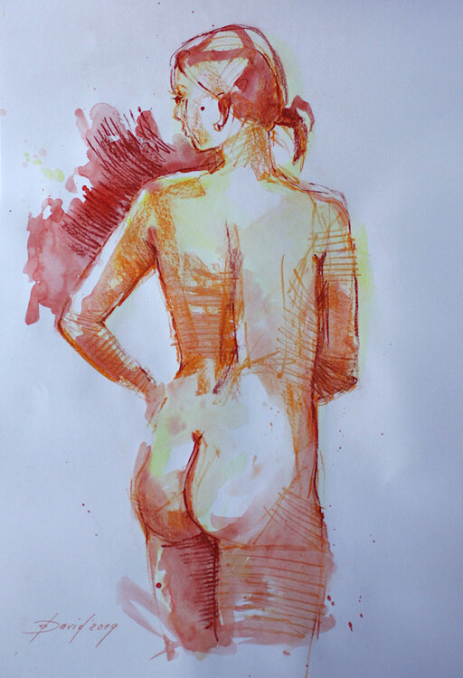 Aktstudie Rückenakt Aquarell-Zeichnung auf Papier Olga David