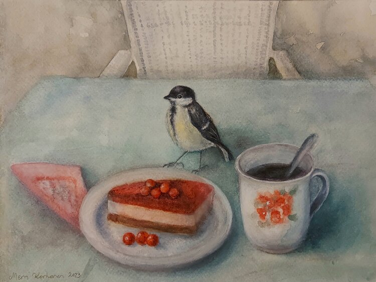 A piece for me, please - Blue Tit on a Café Terrace Mervi Korhonen