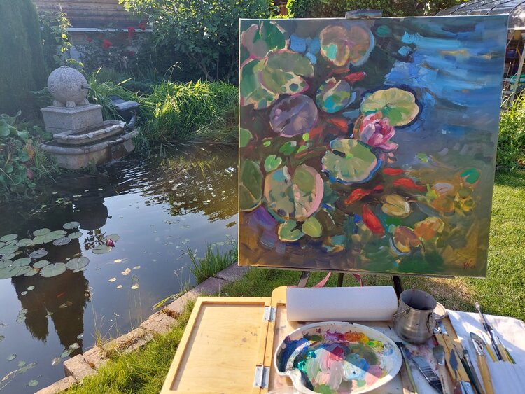 Seerose in Gartenteich von Katharina Valeeva (2023) Gemälde Öl auf