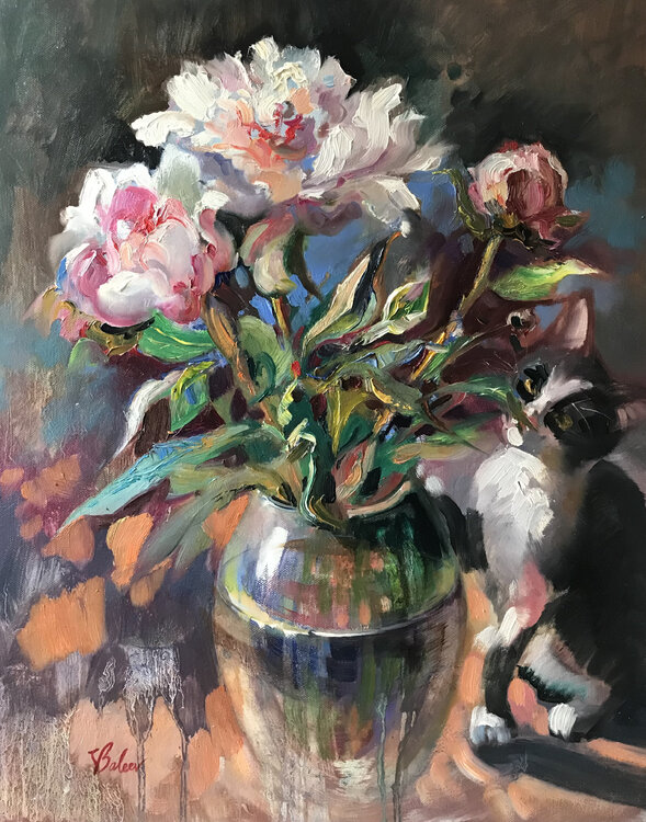 Stillleben mit Pfingstrosen und einer Katze Katharina Valeeva