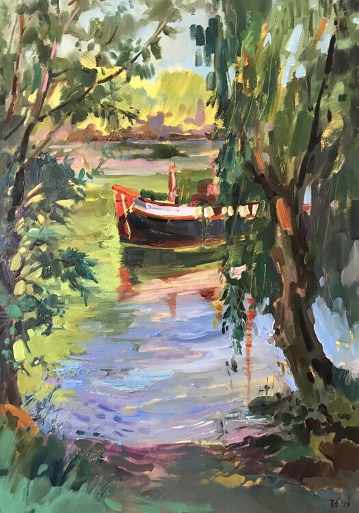 Seelandschaft mit rotem Boot Katharina Valeeva