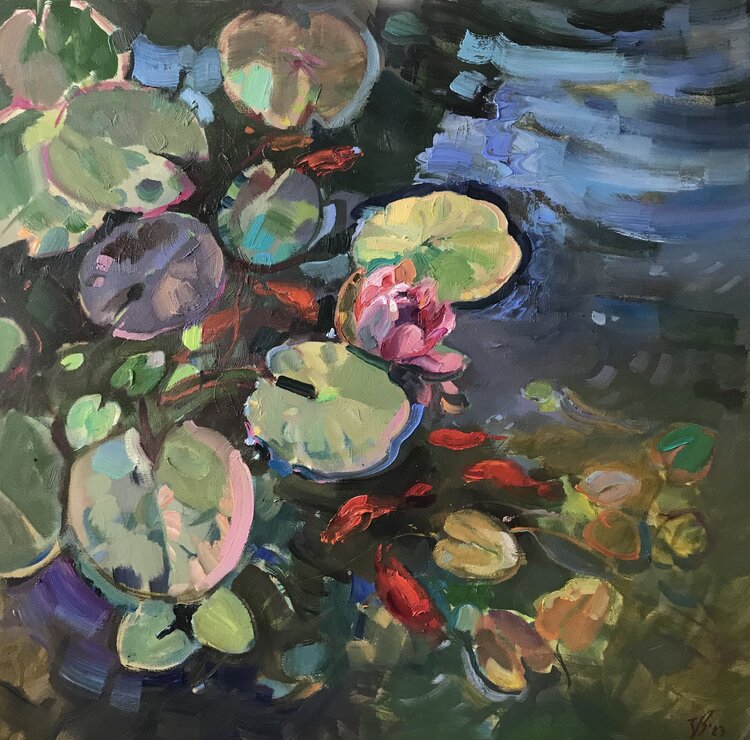 Seerose in Gartenteich von Katharina Valeeva (2023) Gemälde Öl auf