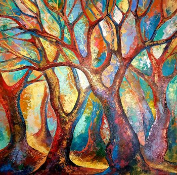 original painting, forest landscape, stained glass forest, magical forest, summer landscape, large painting, modern painting, Nataliya Rozhdestvenskaya