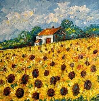 sunflowers painting, original oil painting, sunflowers in a field, field of sunflowers, impasto painting, flowers painting, summer landscape, nature painting Nataliya Rozhdestvenskaya