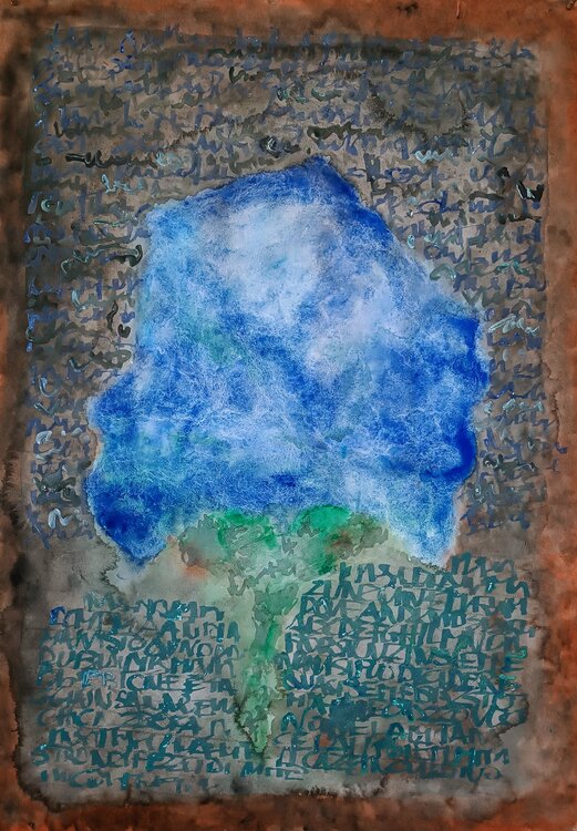 fiore blu con scritta asemica astratta luciano torre