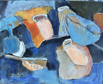 Abstract blue, yellow-orange, orange crooked jars - 202407 Karen Bjerg