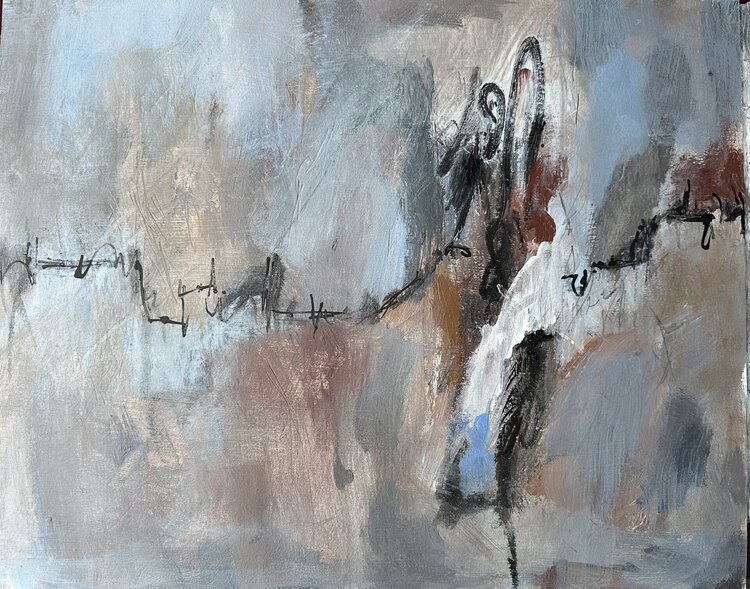Abstract Ethereal 1 - blue, umber, white, black - 202414 Karen Bjerg