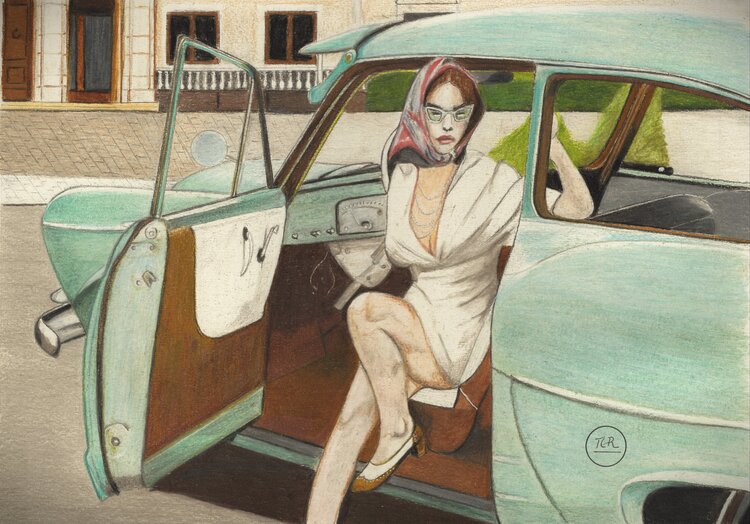 Elégance et vieille voiture. Pierre Bayet