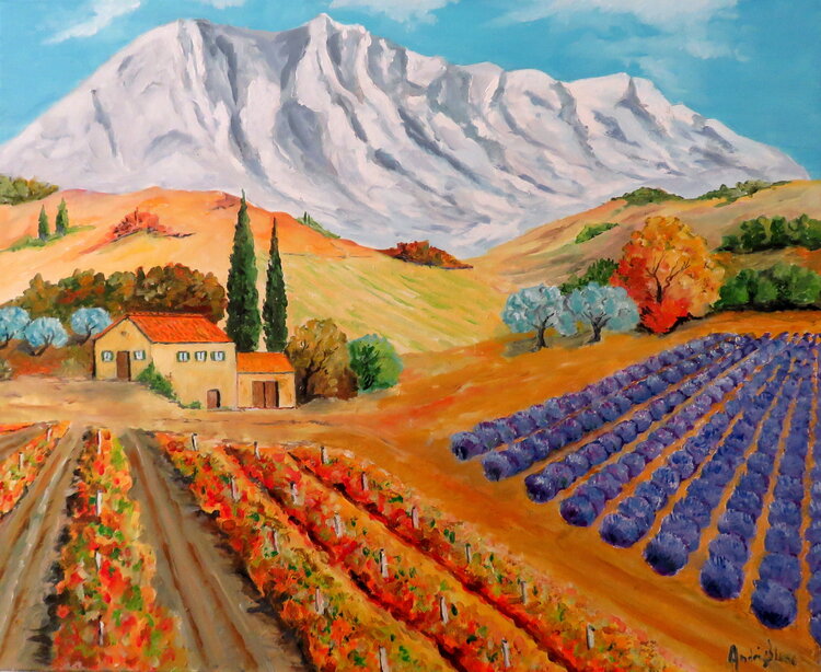 paysage provence avec vignes et lavande André Blanc