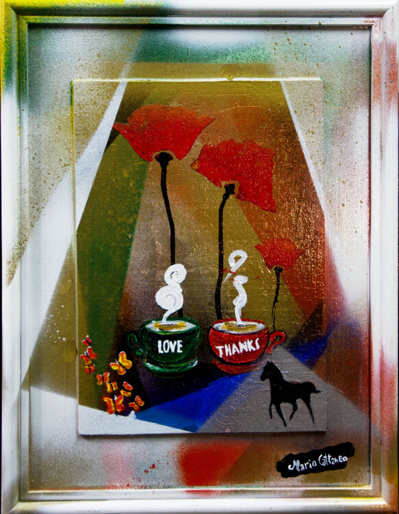 Tazzine a sfondo rosso oro con papaveri e cavallo Mario Cattaneo