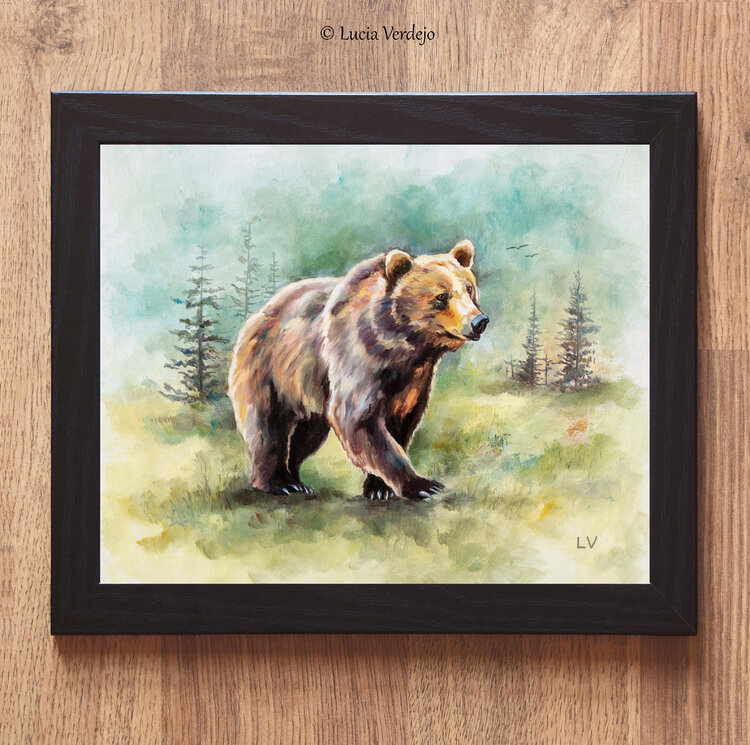 Brown bear painting, Grizzly bear artwork, Mountain wildlife art