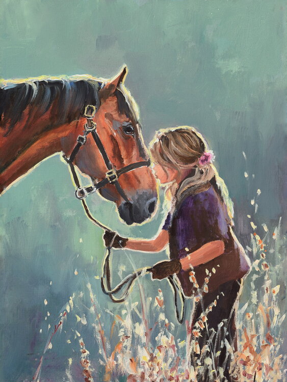 Girl kissing a brown horse by Lucía Verdejo (2022) Painting Oil on