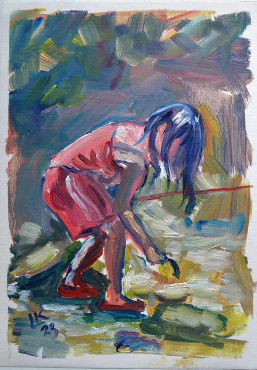 Little girl is fishing on the river summer day Lada Kholosho