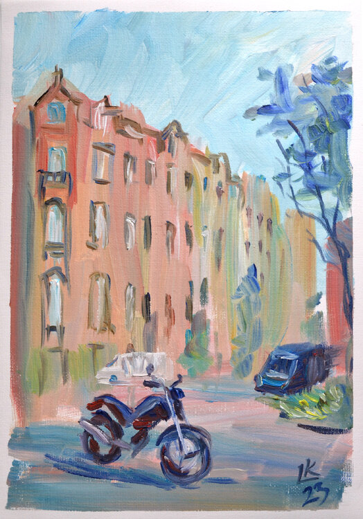 European City Rhythms. Motorcycle on a street Lada Kholosho