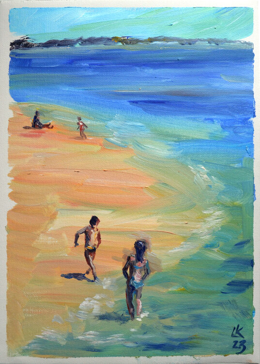 Sunny day on a beach. Coastal seascape with people resting. Lada Kholosho