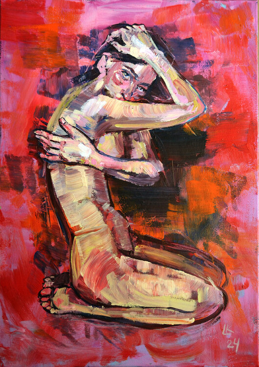 Young Nude Woman On A Red Background Lada Kholosho