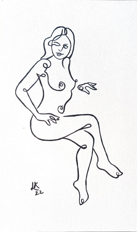 Sitting nude girl. Minimalism one line art. Lada Kholosho