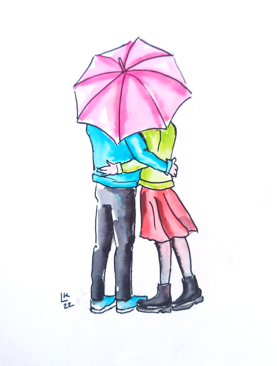 Loving couple under red umbrella Lada Kholosho