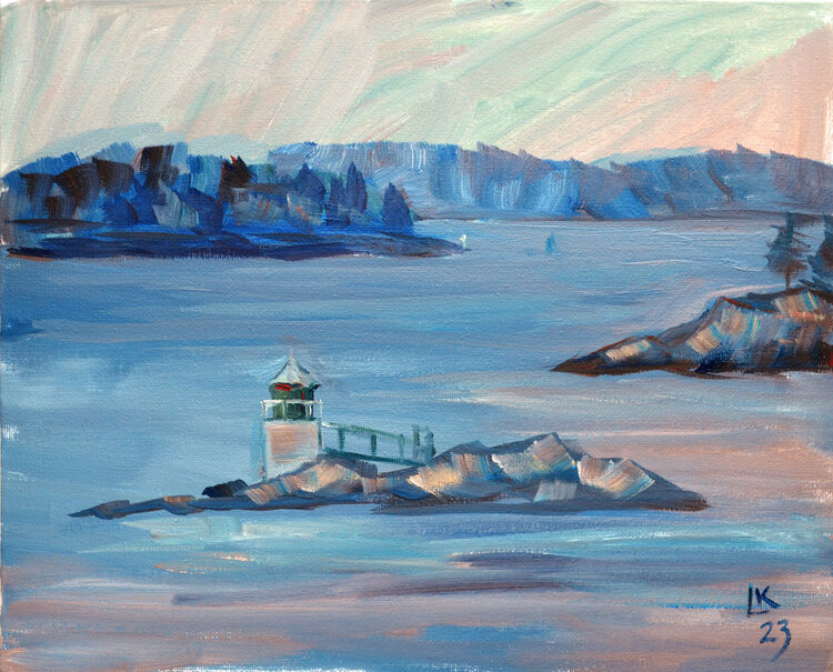 Northern seascape with small lighthouse Lada Kholosho
