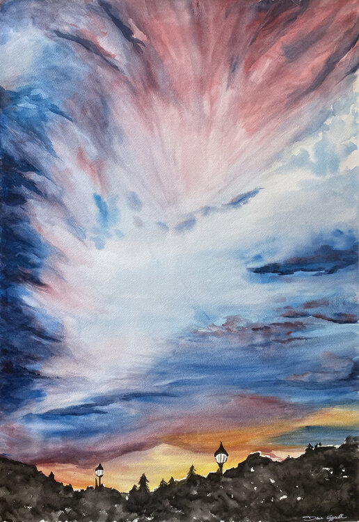 paesaggio acquerello su carta, grande cielo Daria Ceppelli