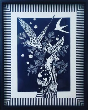 Linogravure "Femme oiseau" Bleu de Prusse 40 X 50 cm Amélie Bodard