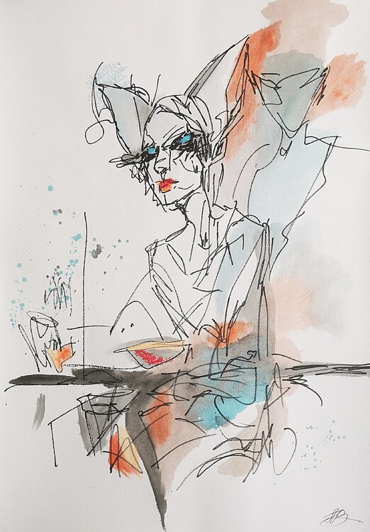 Cat Woman Line Drawing, Neutral Tones Art. Natalya Vorobyova