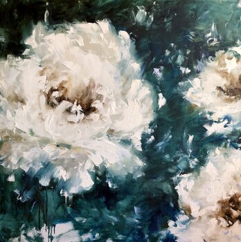 Abstract peonies painting. White flowers on canvas. Marina Skromova