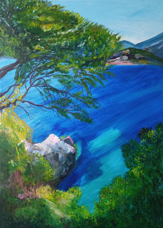 Greece Landscape Oil Painting, Greek Island Corfu Painting, Santorini Painting, Mediterranean Seascape Painting Marina Pingitzer