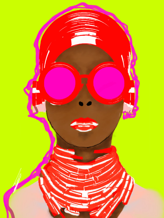ILLUSTRATION OF A WOMAN WITH BOLD SUNGLASSES, HEADPHONES AND HEAD WRAP Roxanne Buckle