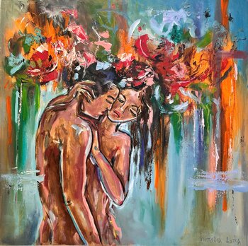 Sexy couple painting, flowers and nudity art, erotic figurative art, sensual painting, nude portrait artwork Viktoria Latka