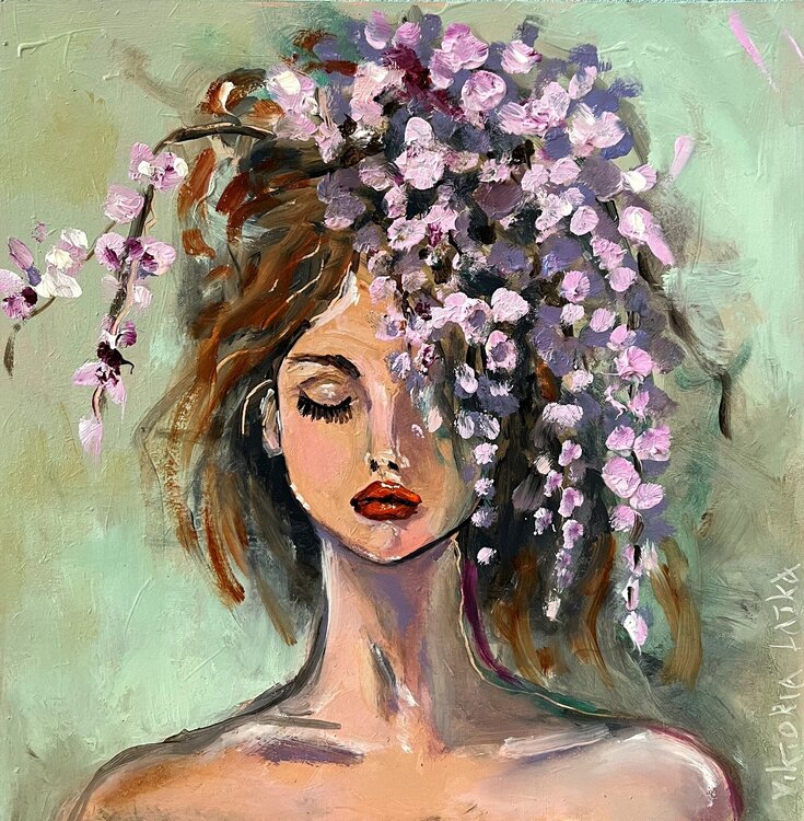 Colorful  woman with flowers head painting, floral woman artwork, wisteria painting , summer art, female portrait art, woman face art Viktoria Latka