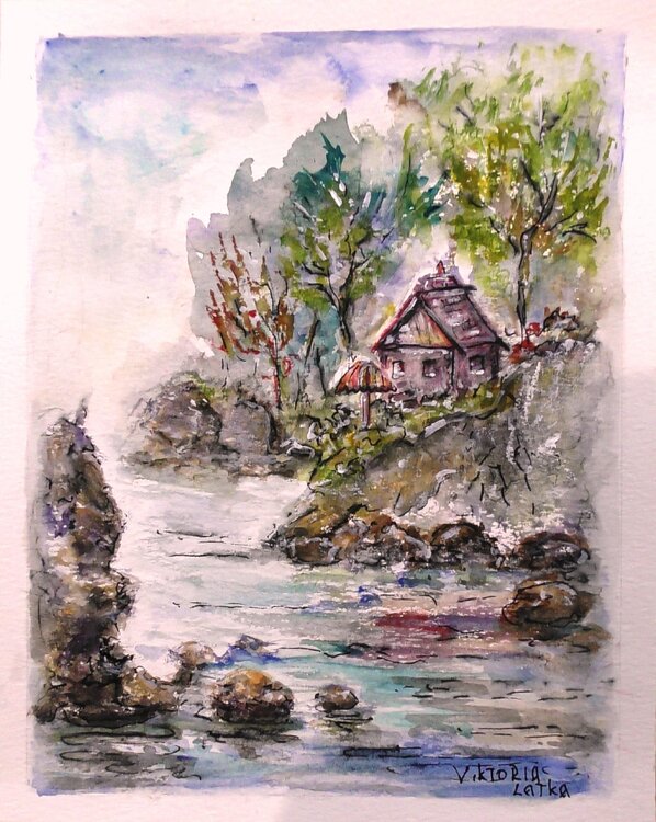 Farm House  by River-  Old house artwork- Landscape  Painting Viktoria Latka